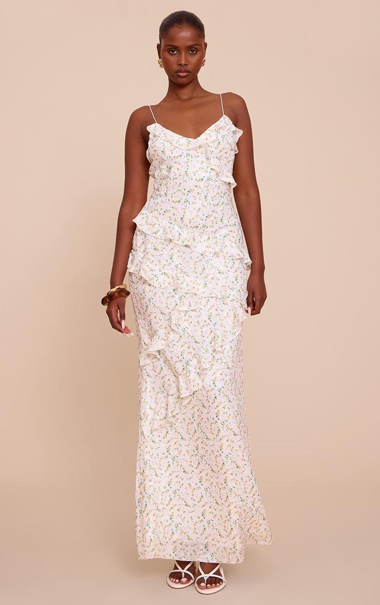 Pretty Little Thing White Ditsy Floral Embroidered Frill Maxi Dress