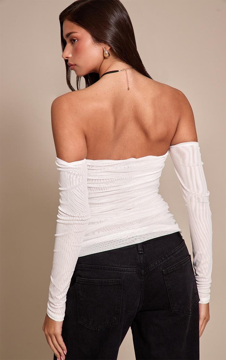 Pretty Little Thing White Double Layer Mesh Ruched Detail Long Sleeve Bardot
