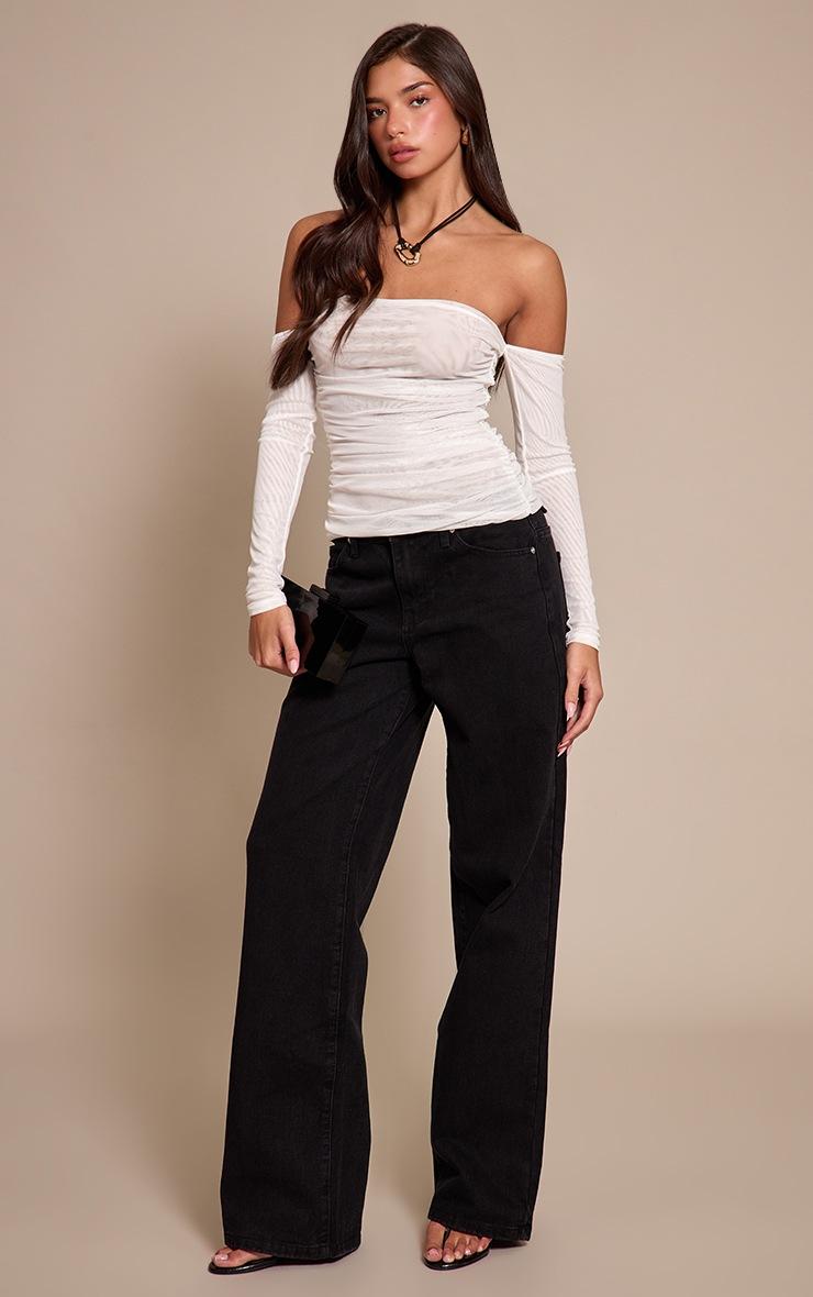 Pretty Little Thing White Double Layer Mesh Ruched Detail Long Sleeve Bardot