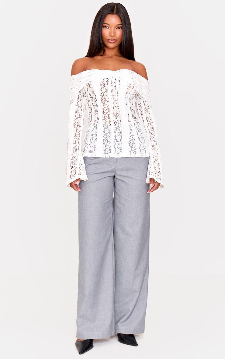 Pretty Little Thing White Fitted Lace Flared Sleeve Bardot Top