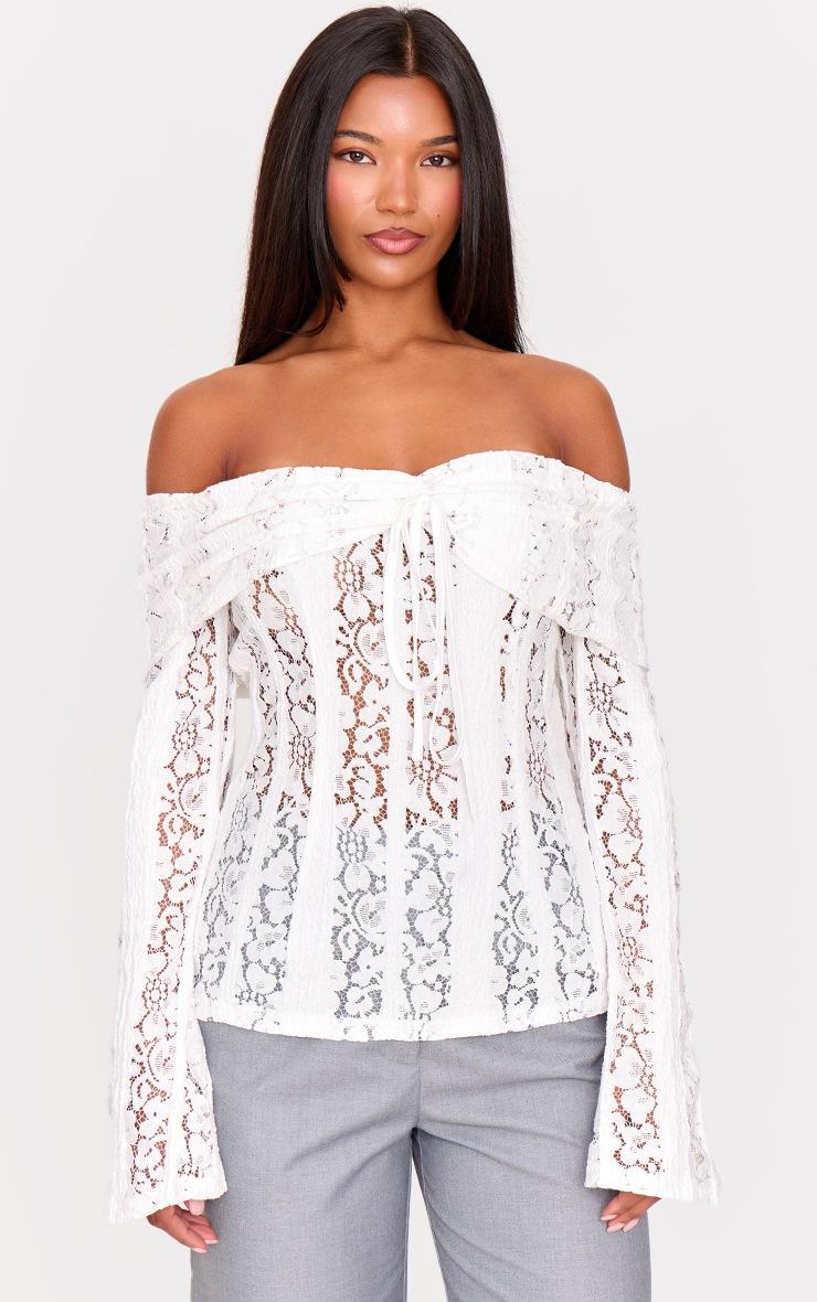 Pretty Little Thing White Fitted Lace Flared Sleeve Bardot Top