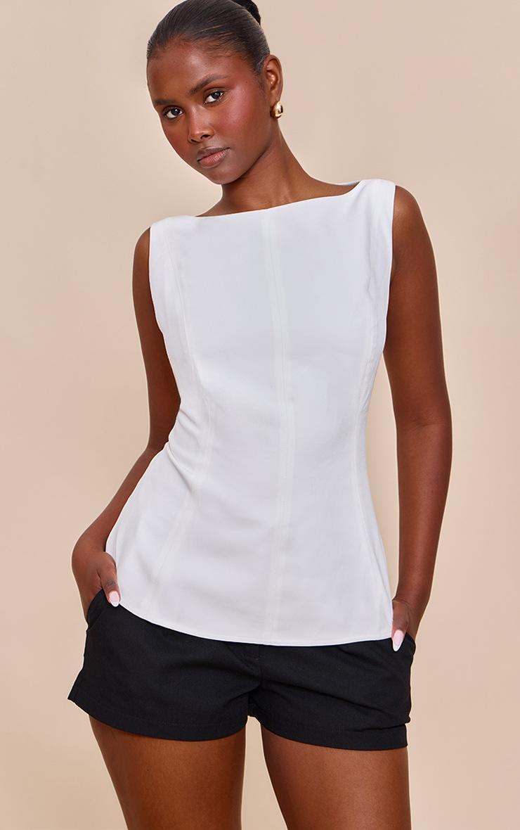 Pretty Little Thing White Heavy Woven Tie Back Detail Structured Top