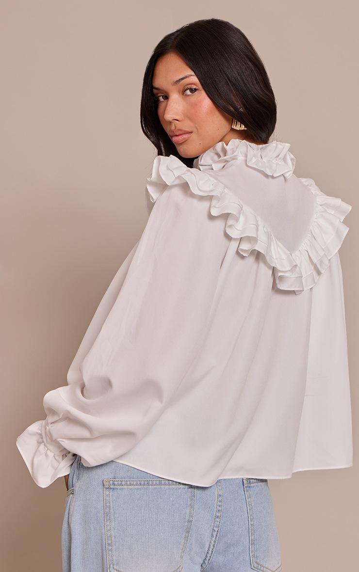 Pretty Little Thing White High Neck Cotton Frill Detail Long Sleeve Shirt