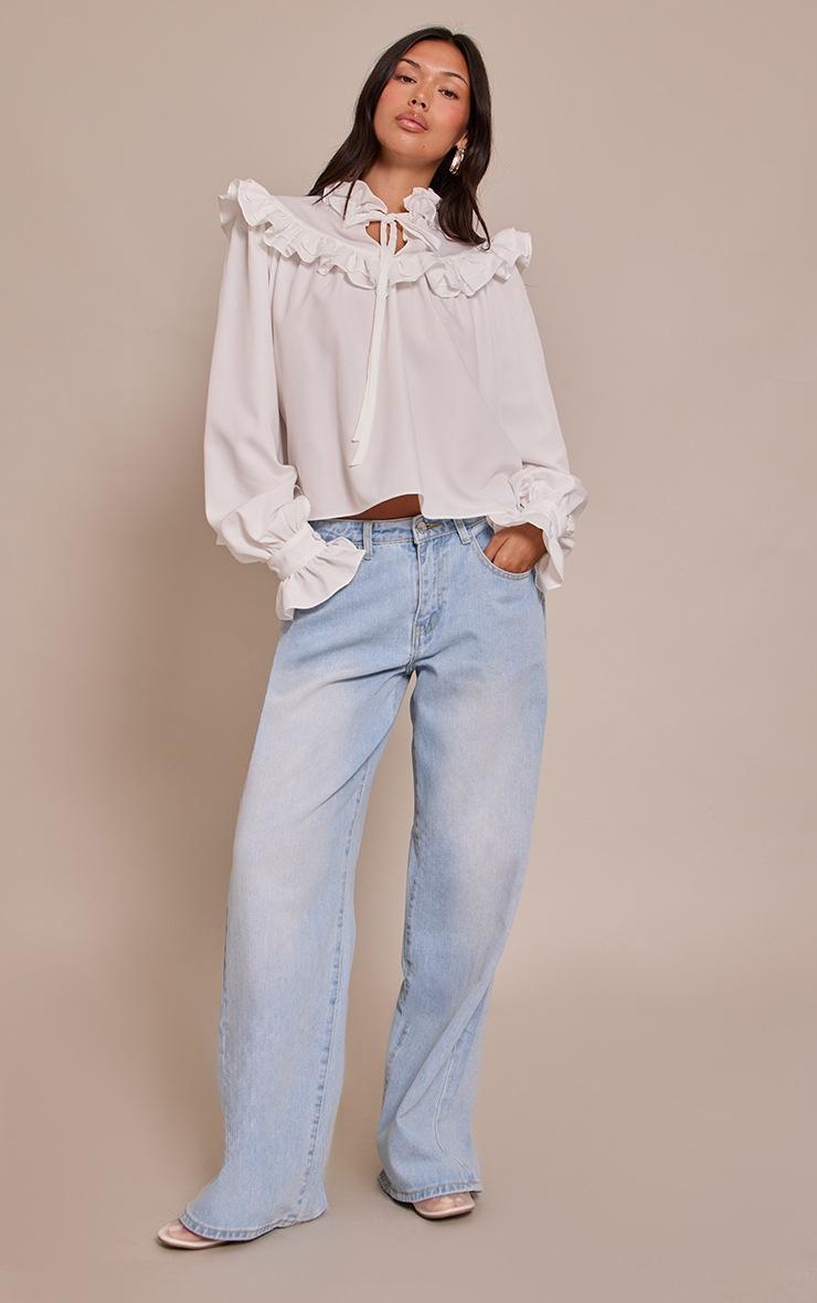 Pretty Little Thing White High Neck Cotton Frill Detail Long Sleeve Shirt
