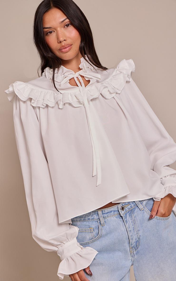 Pretty Little Thing White High Neck Cotton Frill Detail Long Sleeve Shirt