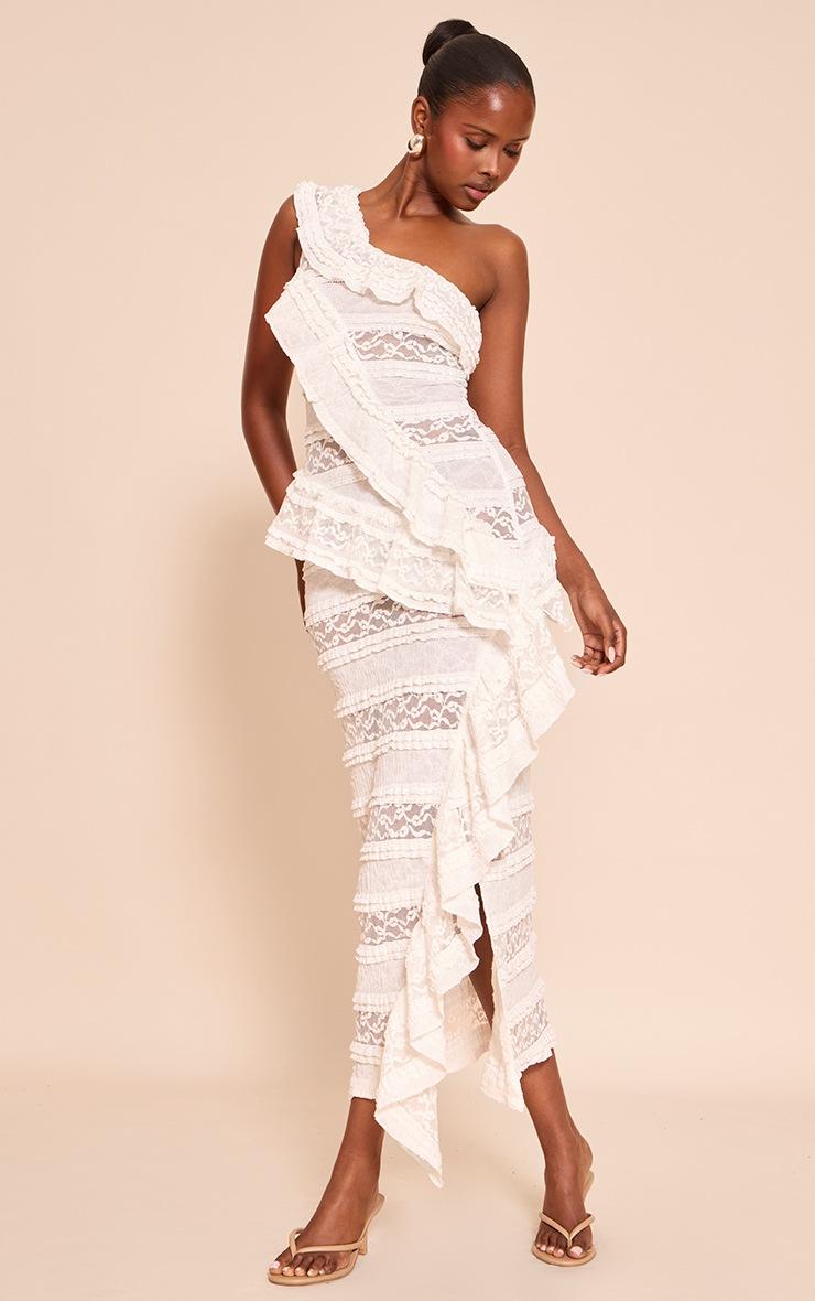 Pretty Little Thing White Lace Frill Detail One Shoulder Maxi Dress