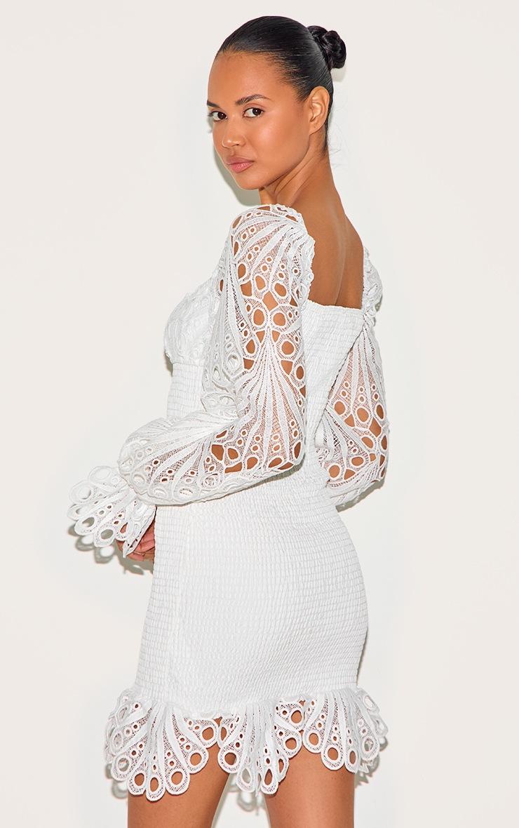 Pretty Little Thing White Lace Sleeve Shirred Bodycon Dress