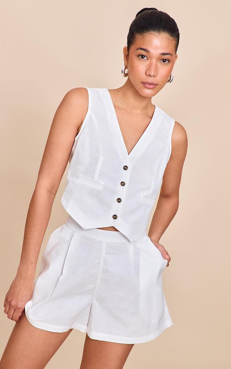 Pretty Little Thing White Linen Look Boxy Detail Vest