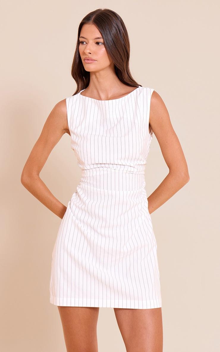 Pretty Little Thing White Pinstripe Ruched Detail Bodycon Dress