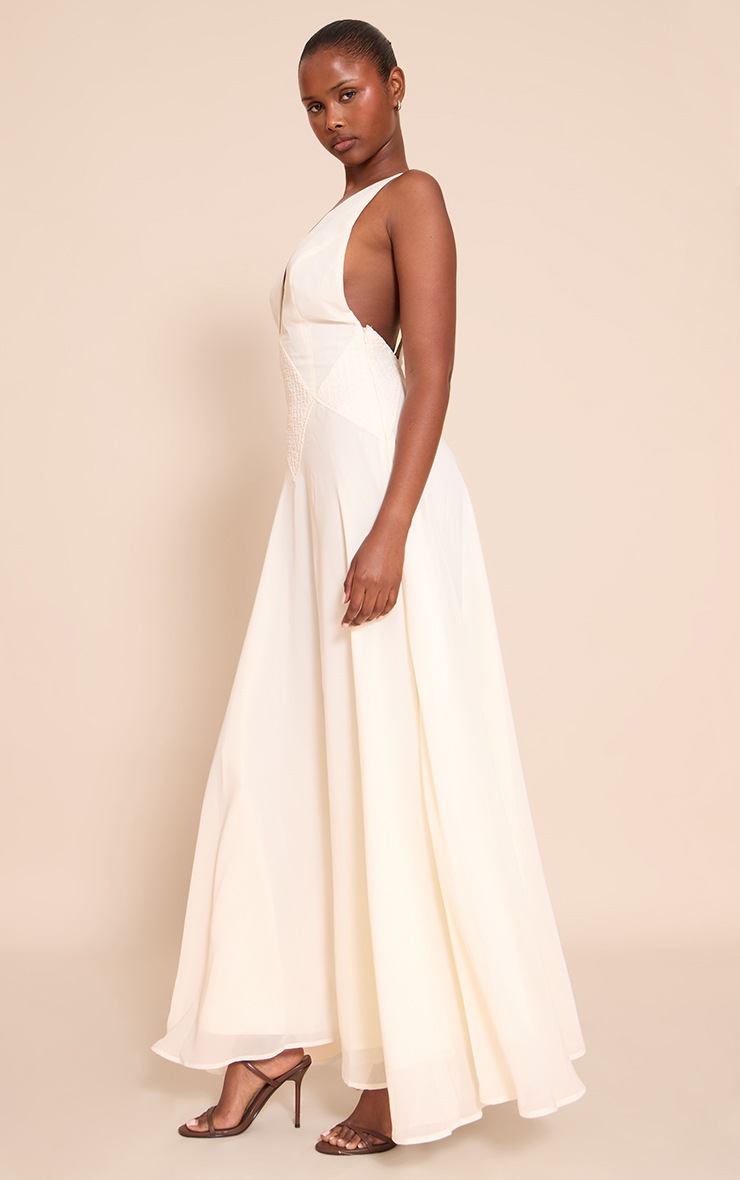 Pretty Little Thing White Plunge Textured Detail Maxi Dress