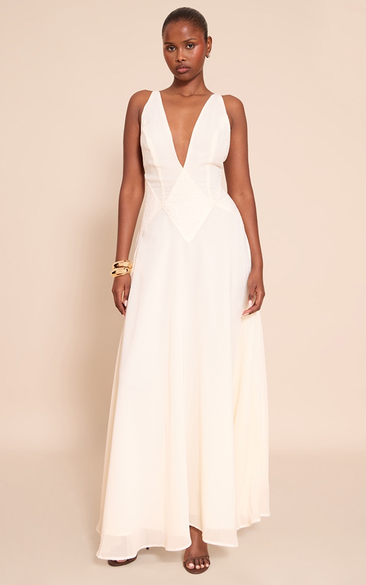Pretty Little Thing White Plunge Textured Detail Maxi Dress