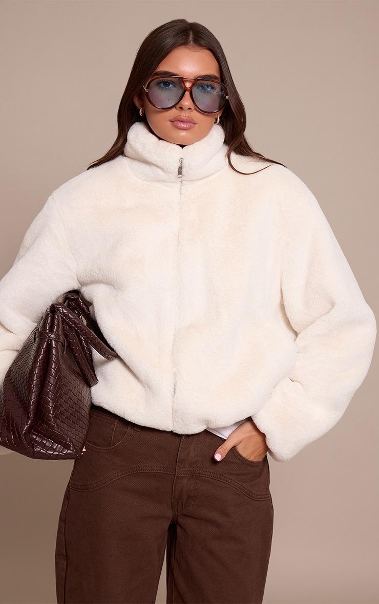 Pretty Little Thing White Plush Faux Fur Cropped Bomber Style Coat