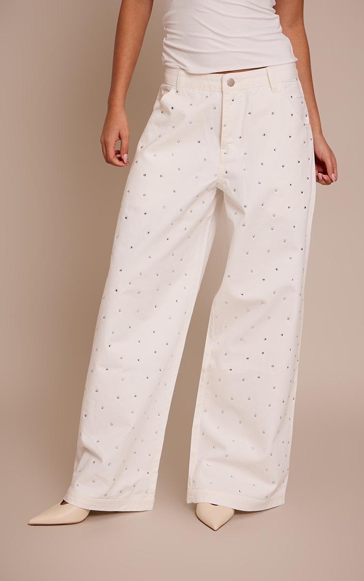 Pretty Little Thing White Relaxed Low Waist Hotfix Wide Leg Denim Jeans
