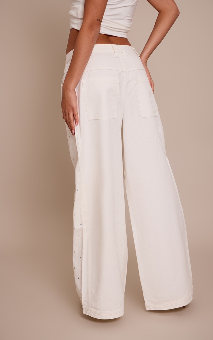 Pretty Little Thing White Relaxed Low Waist Hotfix Wide Leg Denim Jeans