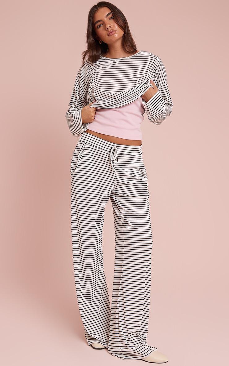Pretty Little Thing White Ribbed Striped Detail Drawstring Wide Leg Pants