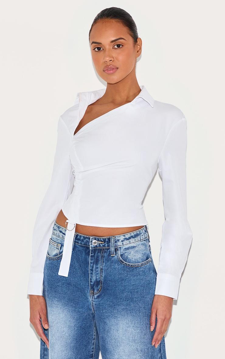 Pretty Little Thing White Ruched Buckle Asymmetric Shirt