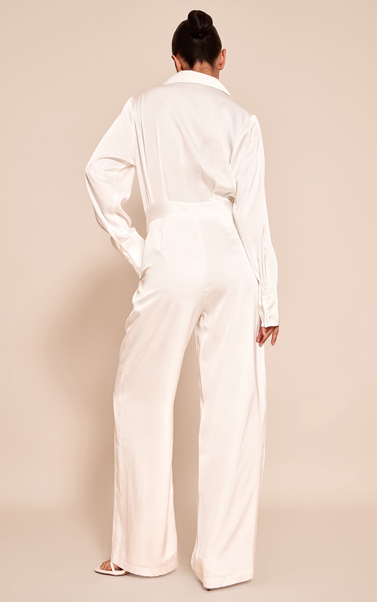 Pretty Little Thing White Satin Shirt Detail Wide Leg Jumpsuit