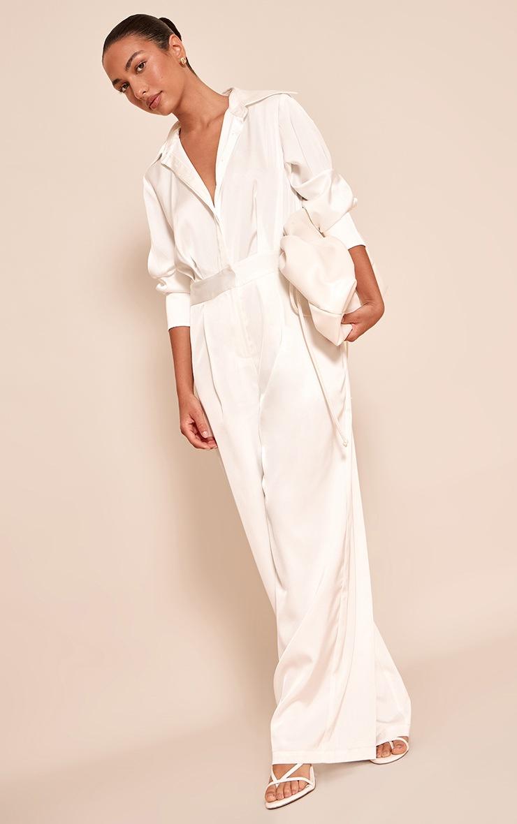 Pretty Little Thing White Satin Shirt Detail Wide Leg Jumpsuit