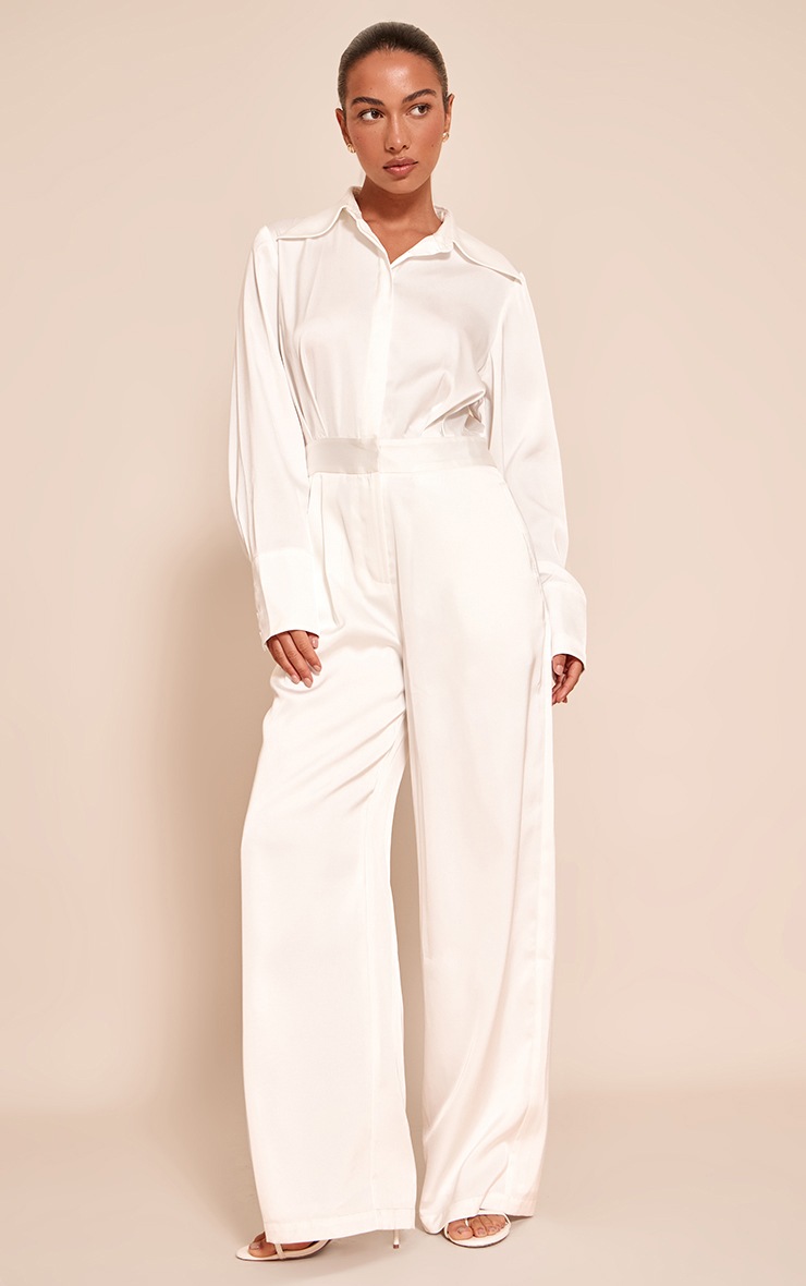 Pretty Little Thing White Satin Shirt Detail Wide Leg Jumpsuit