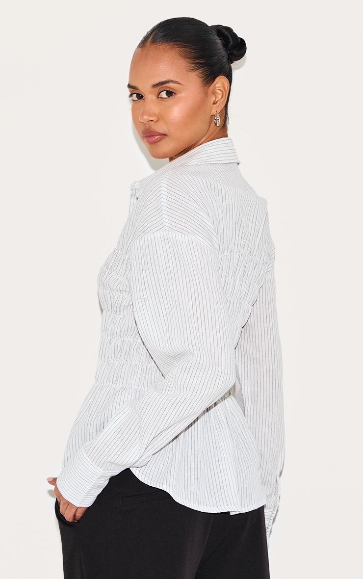 Pretty Little Thing White Shirred Striped Fitted Shirt