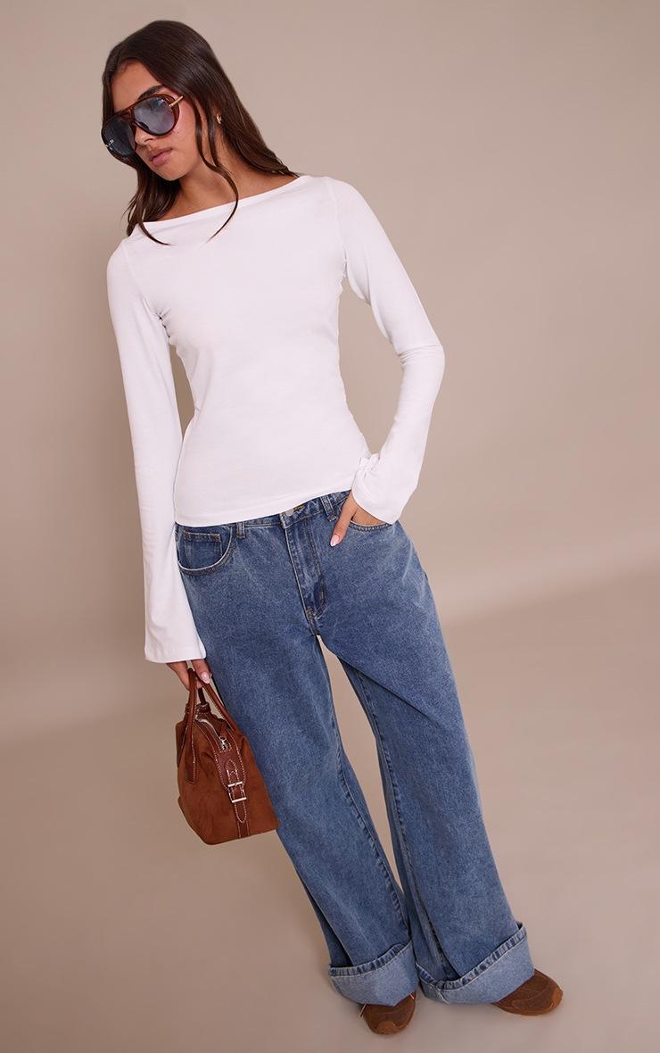 Pretty Little Thing White Soft Cotton Boat Neck Flared Long Sleeve Top