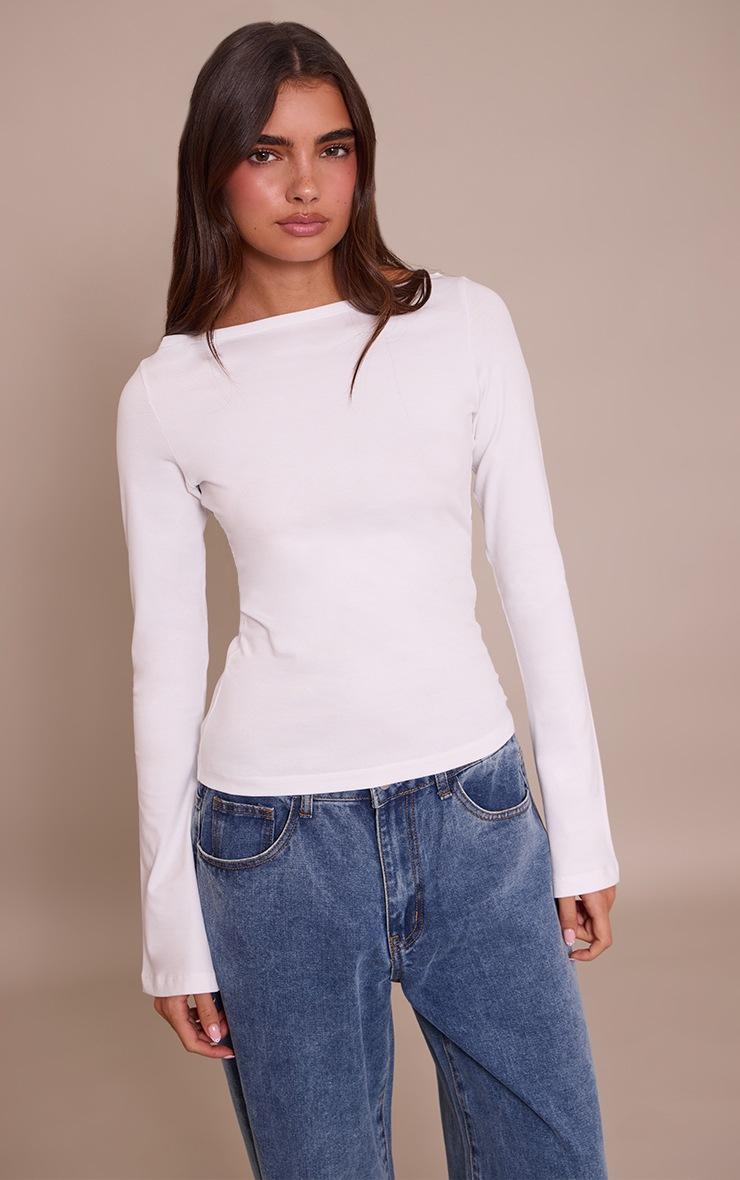 Pretty Little Thing White Soft Cotton Boat Neck Flared Long Sleeve Top