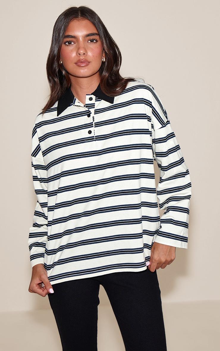 Pretty Little Thing White Stripey Collar Detail Long Sleeve Rugby Top