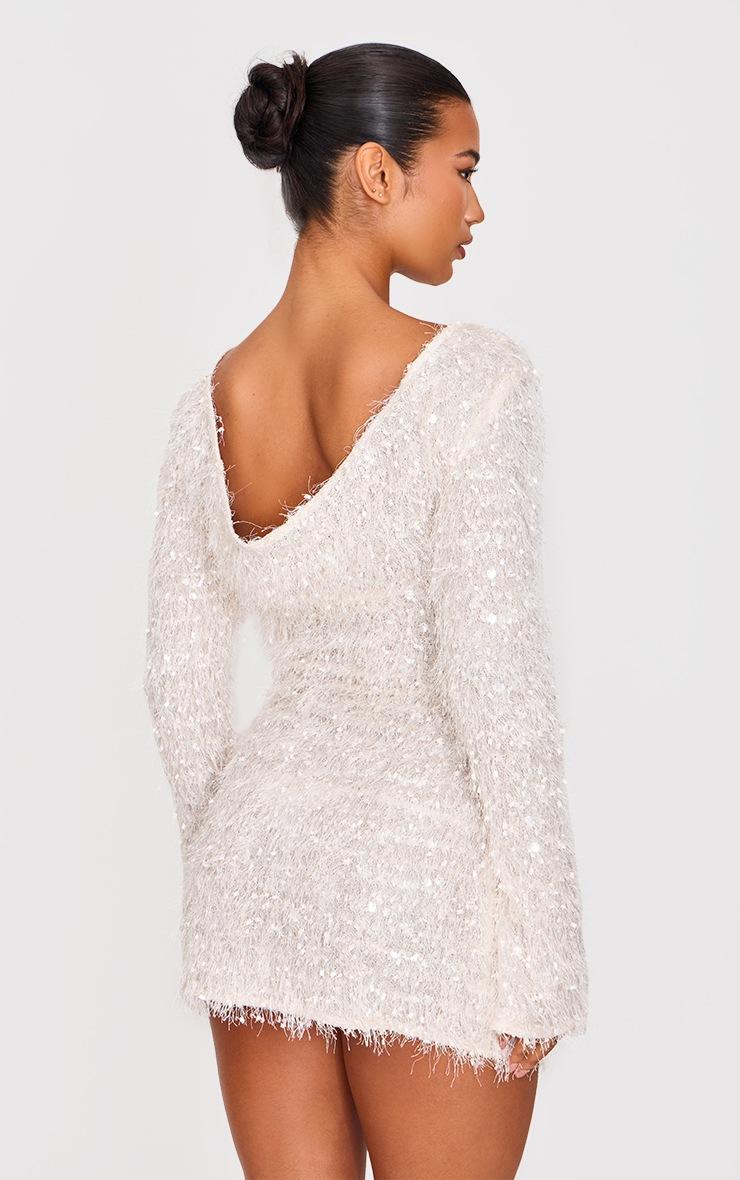 Pretty Little Thing White Textured Eyelash Long Sleeve Cowl Back Bodycon Dress