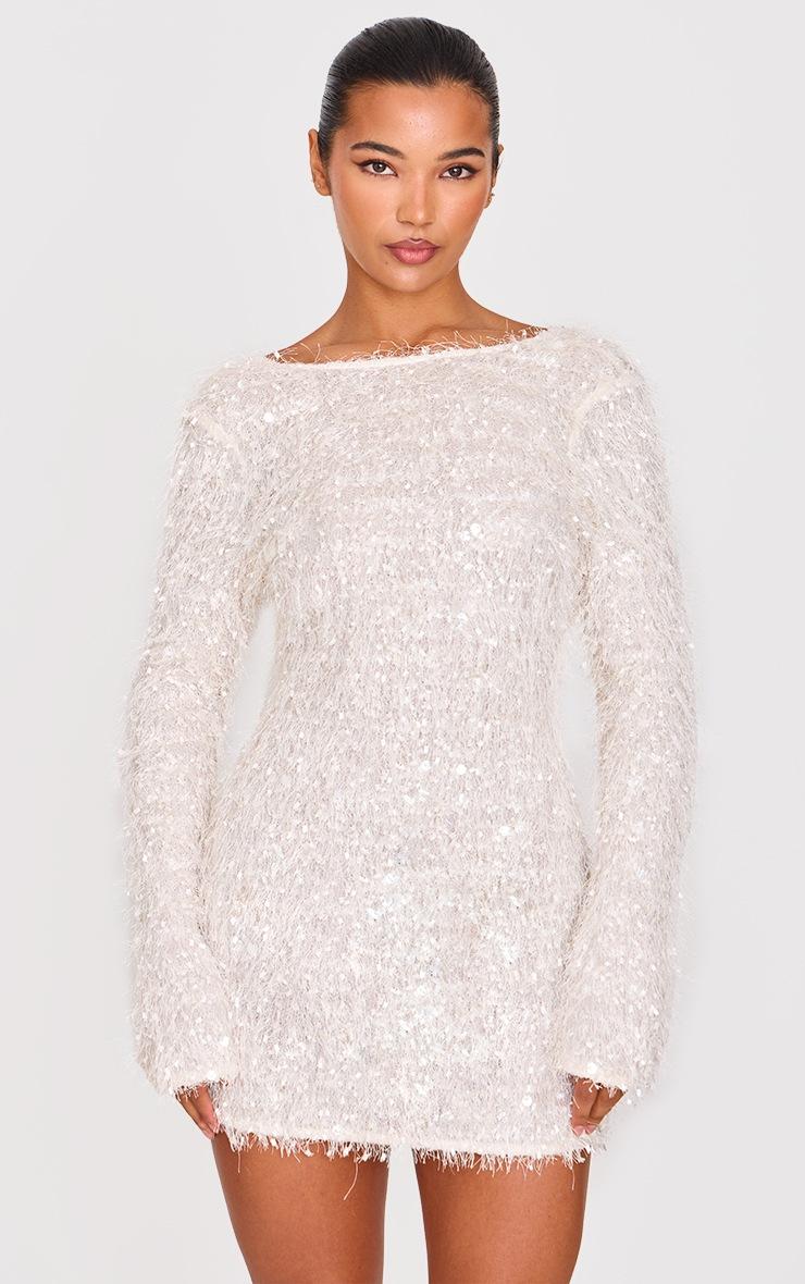 Pretty Little Thing White Textured Eyelash Long Sleeve Cowl Back Bodycon Dress