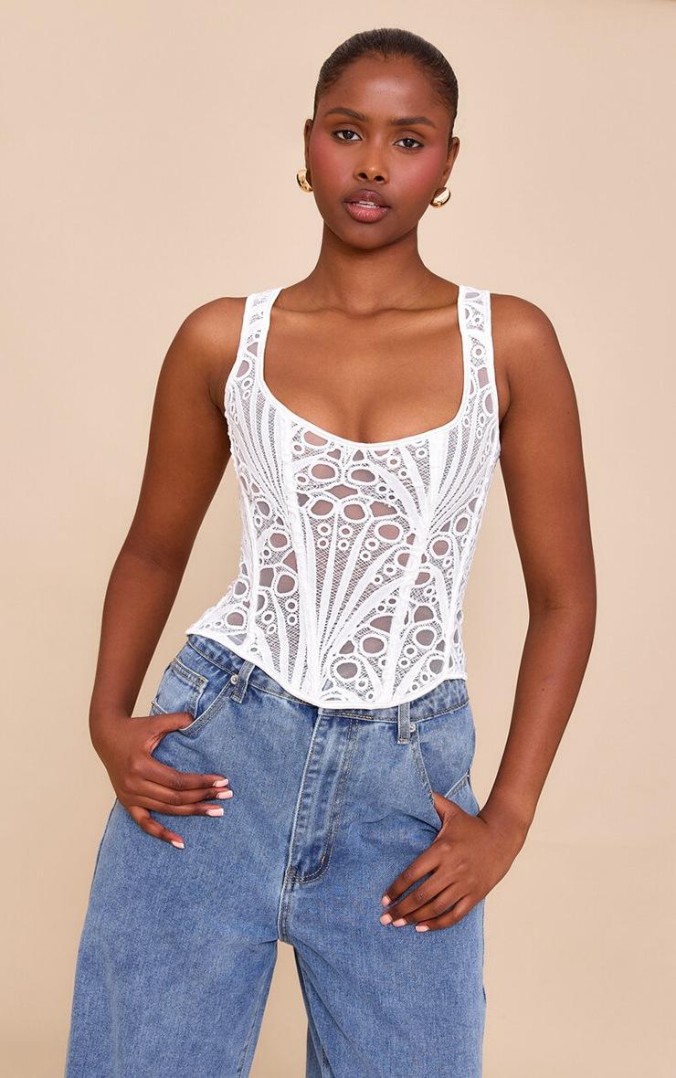 Pretty Little Thing White Textured Sheer Floral Square Neck Corset