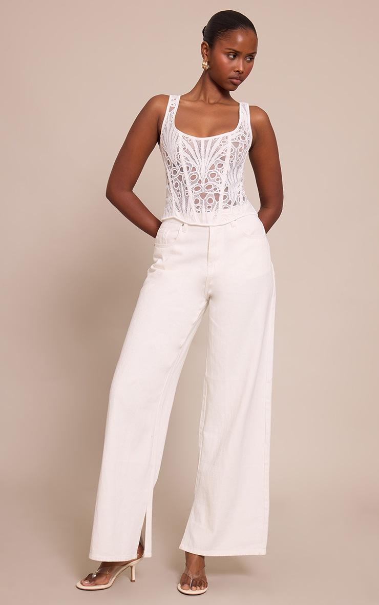 Pretty Little Thing White Textured Sheer Floral Square Neck Lace Up Corset