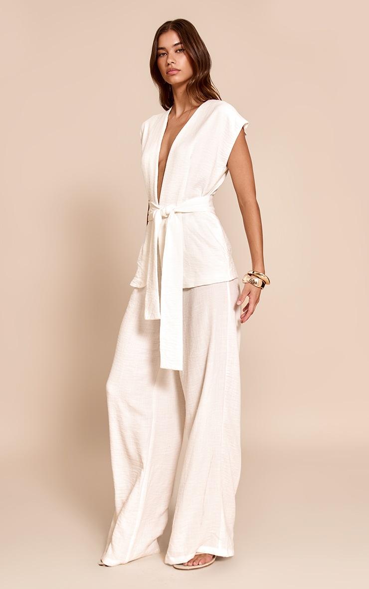Pretty Little Thing White Textured Tie Waist Jumspuit