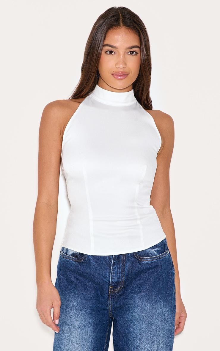 Pretty Little Thing White Woven High Neck Tie Detail Top