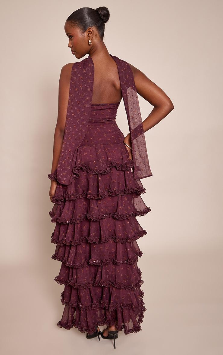 Pretty Little Thing Wine Chiffon Ditsy Floral Print Tiered Frill Maxi Dress