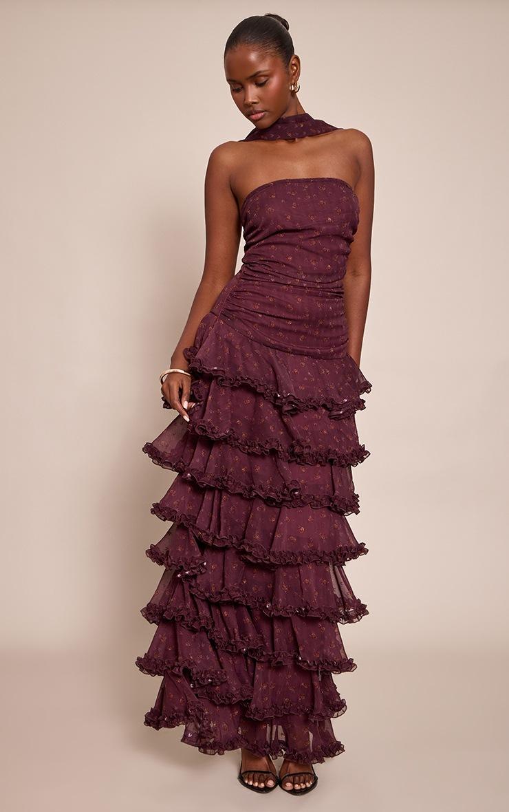 Pretty Little Thing Wine Chiffon Ditsy Floral Print Tiered Frill Maxi Dress