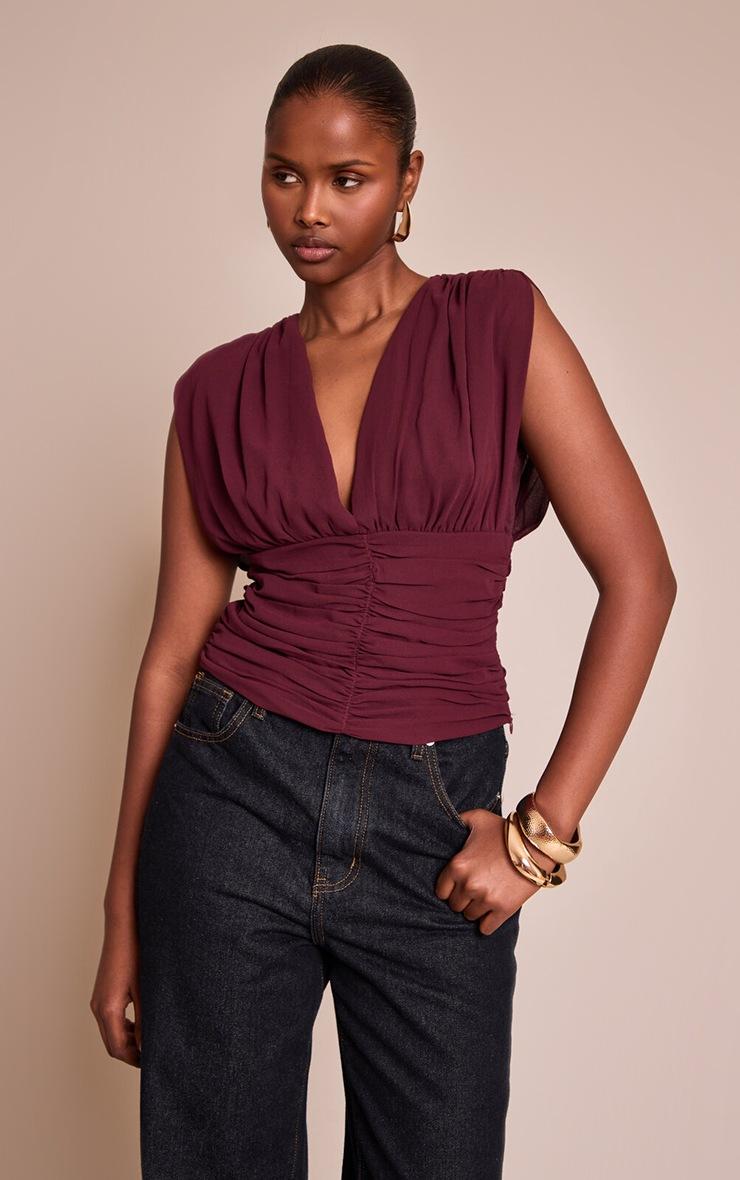 Pretty Little Thing Wine Chiffon Plunge Ruched Bodice Top