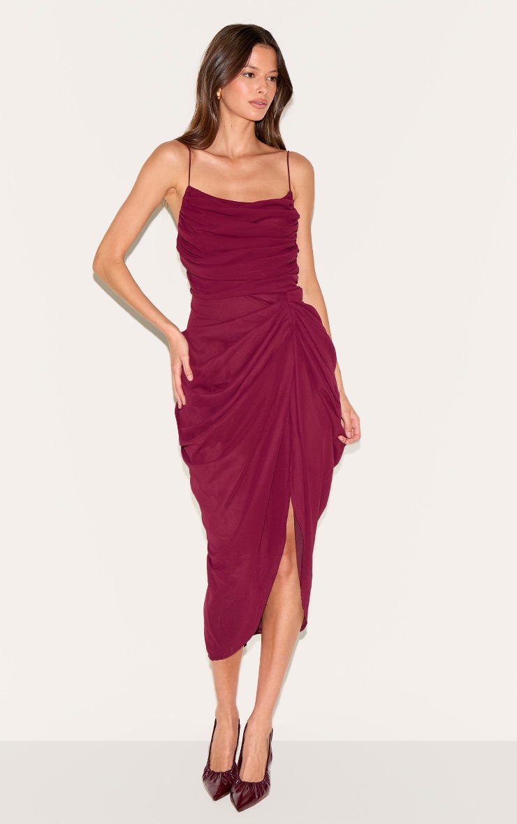 Pretty Little Thing Wine Chiffon Ruched Drape Midi Dress