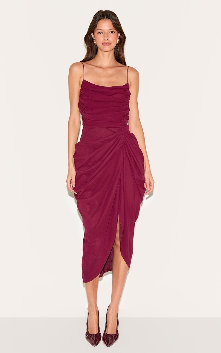 Pretty Little Thing Wine Chiffon Ruched Drape Midi Dress