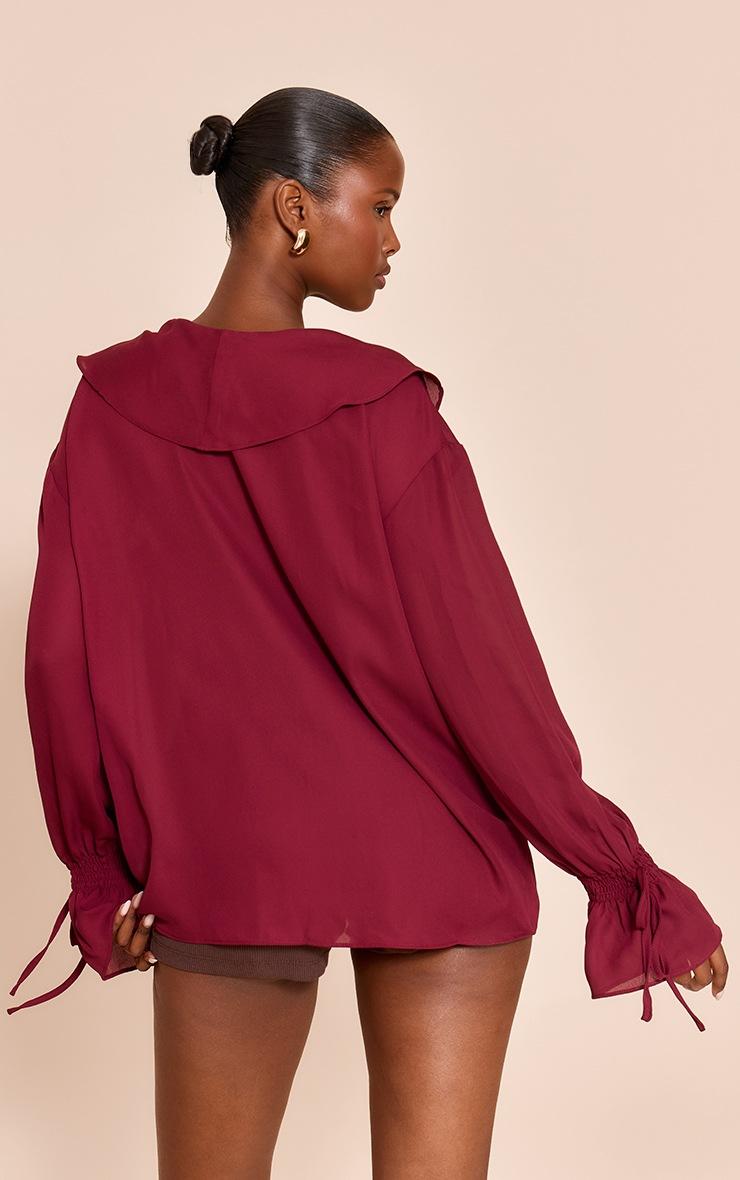 Pretty Little Thing Wine Chiffon Ruffle Tie Front Blouse