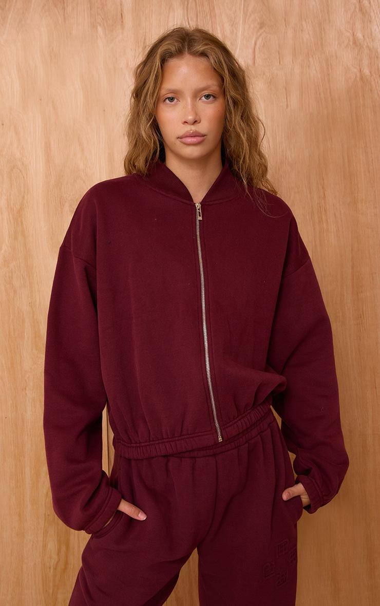 Pretty Little Thing Wine Cotton Fleece Bomber Jacket