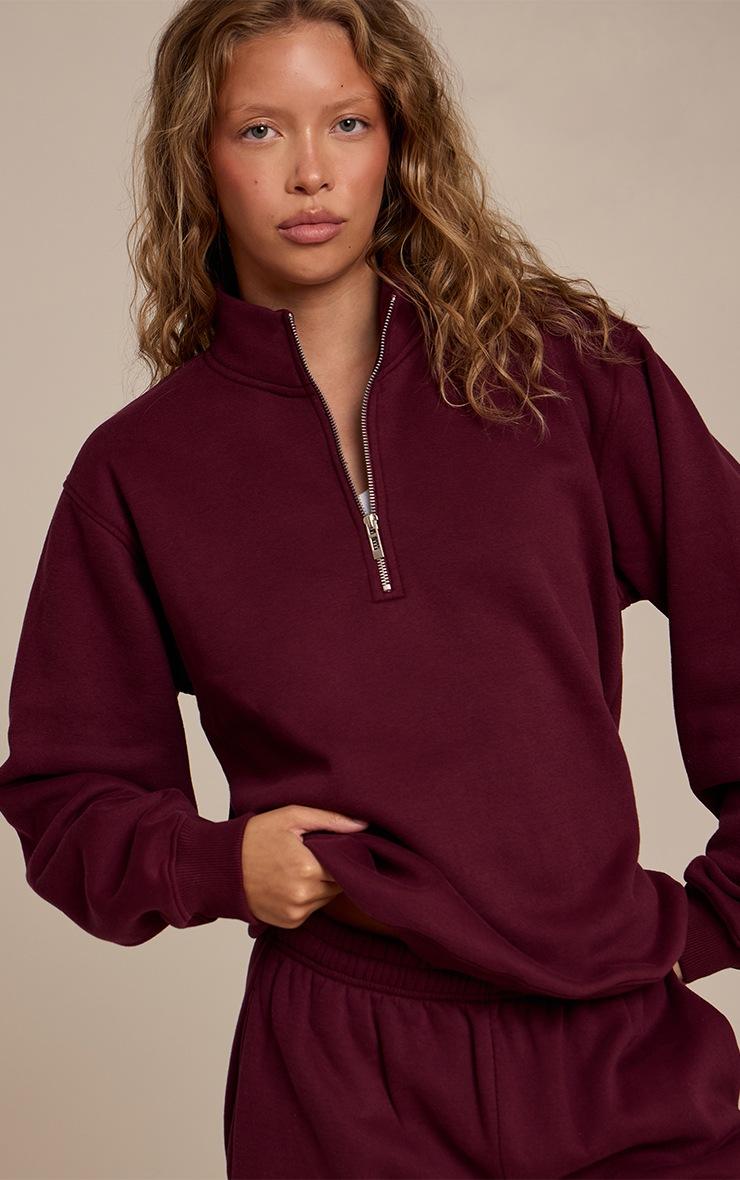 Pretty Little Thing Wine Cotton Fleece Quarter Zip Sweatshirt