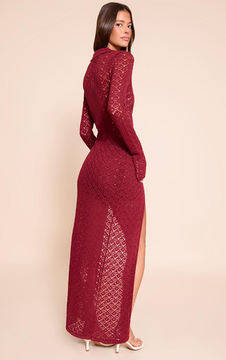 Pretty Little Thing Wine Crochet Knit Maxi Cardigan