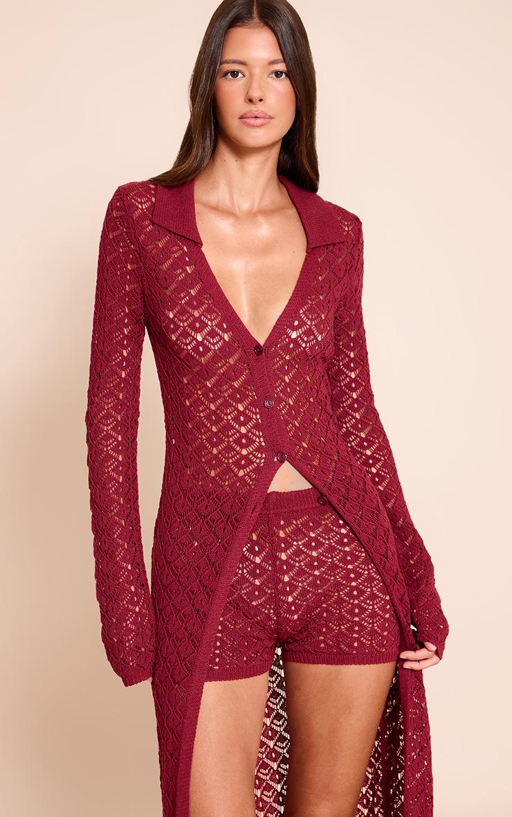 Pretty Little Thing Wine Crochet Knit Maxi Cardigan