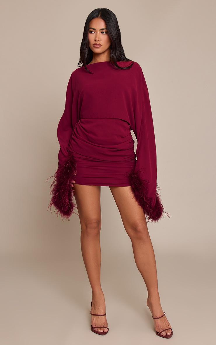 Pretty Little Thing Wine Extreme Feather Cuff Ruched Bodycon Dress
