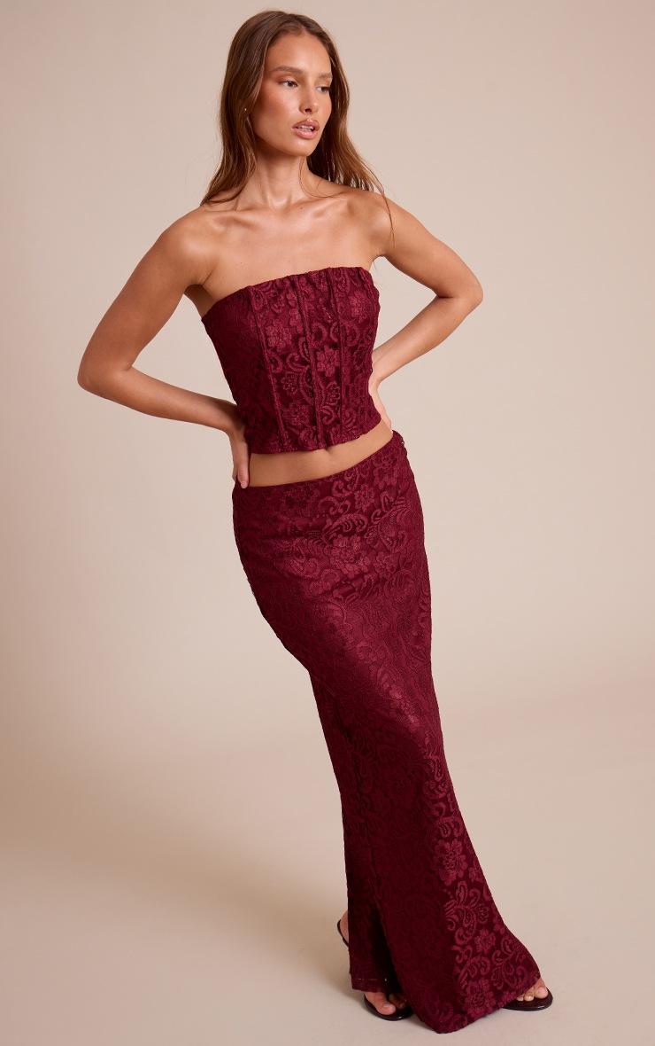 Pretty Little Thing Wine Lace Boned Bandeau Corset Top