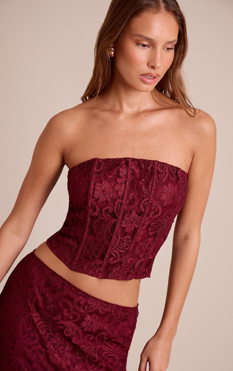 Pretty Little Thing Wine Lace Boned Bandeau Corset Top