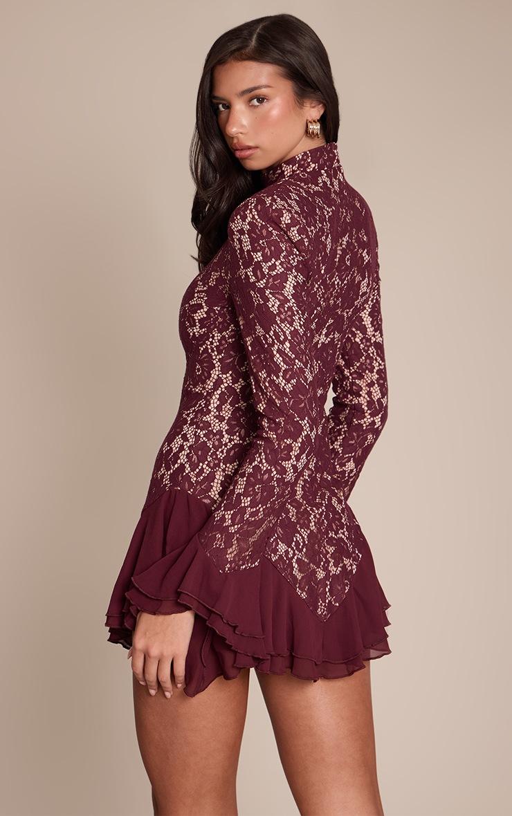 Pretty Little Thing Wine Lace High Neck Frill Detail Mini Dress