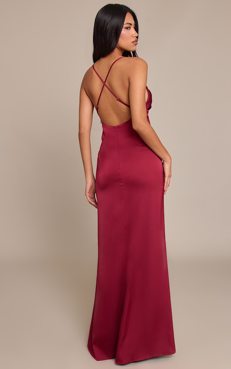 Pretty Little Thing Wine Satin Cup Detail Strappy Maxi Dress