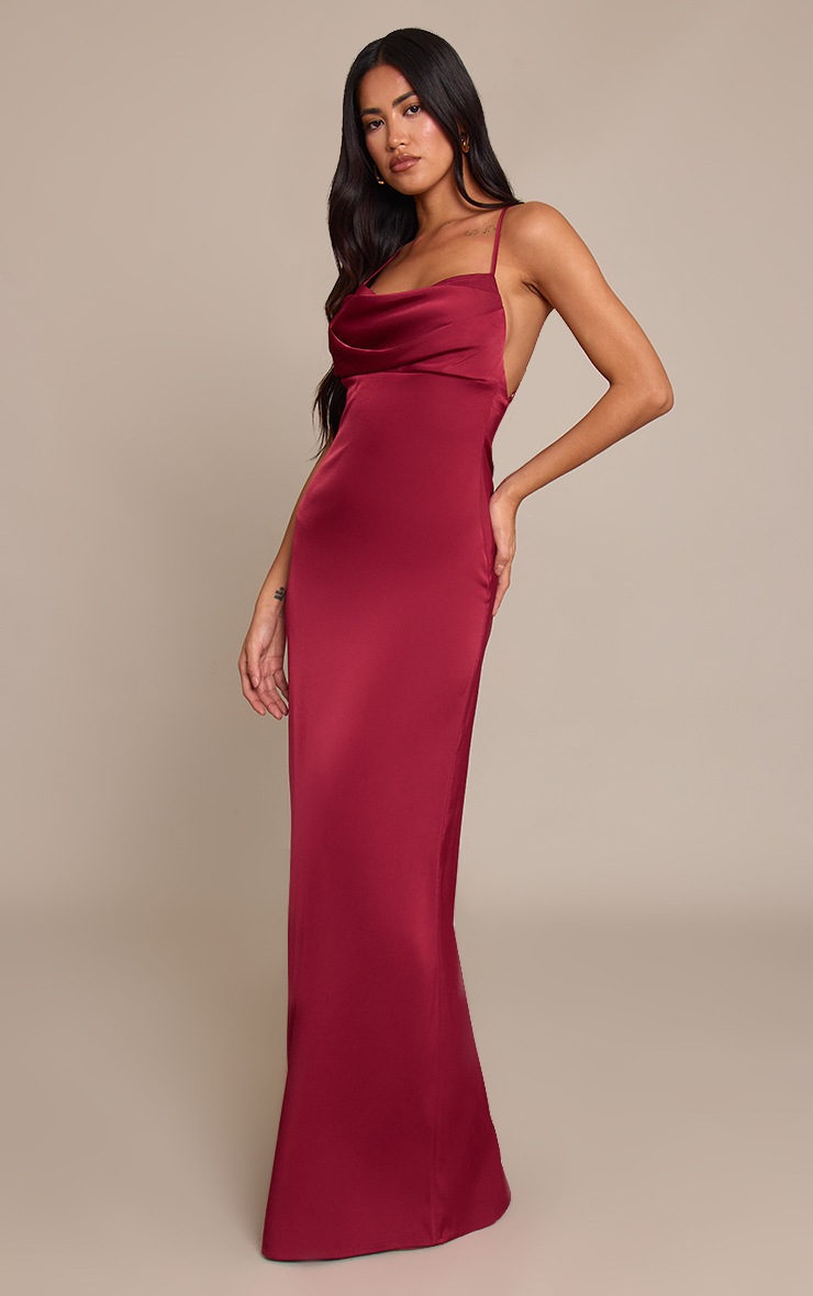 Pretty Little Thing Wine Satin Cup Detail Strappy Maxi Dress