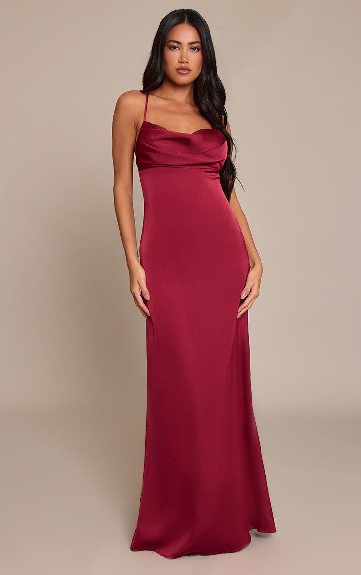Pretty Little Thing Wine Satin Cup Detail Strappy Maxi Dress
